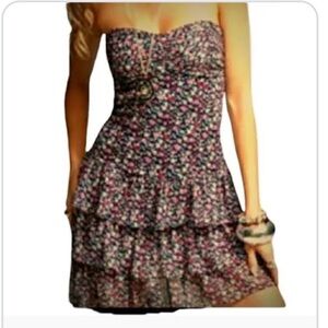 EXPRESS floral red and black strapless fitted ruffle mini dress | XS
